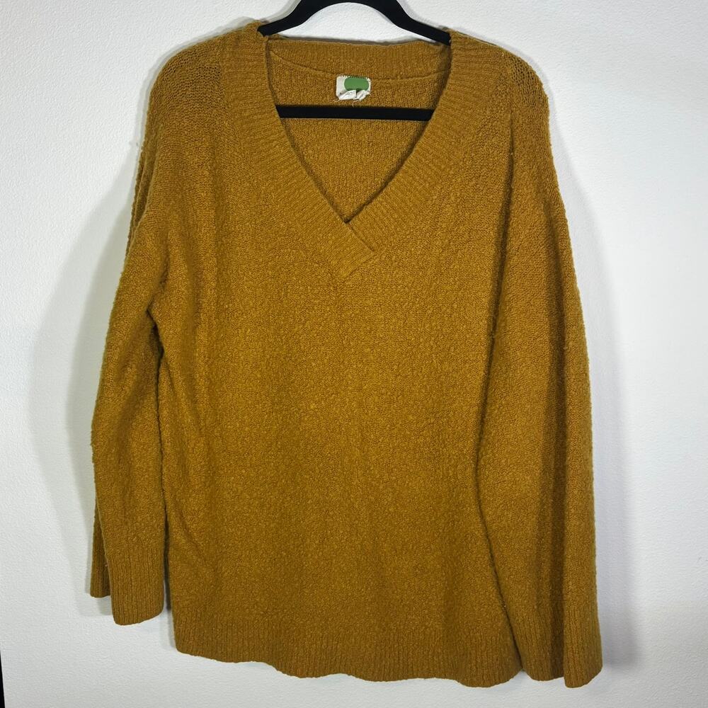 Anthropologie Womens XL Mustard Gold V-Neck Alpaca Wool Boucle Knit Sweater Top